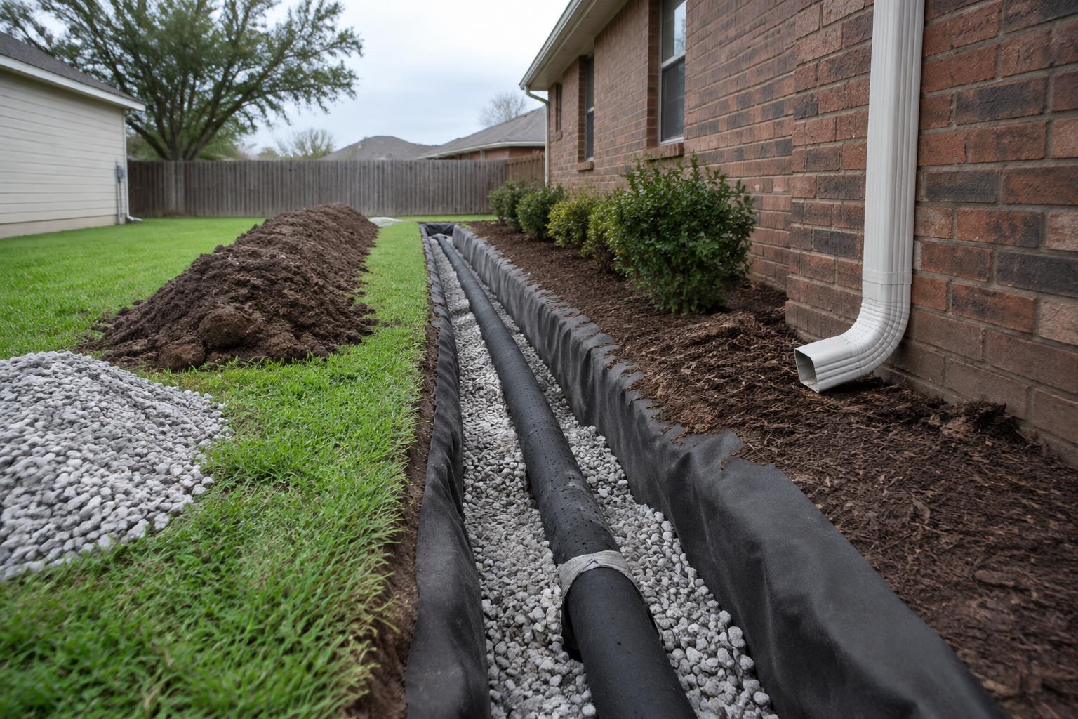 French drain trench with perforated drainage pipe, filter fabric and washed stone beside a brick home